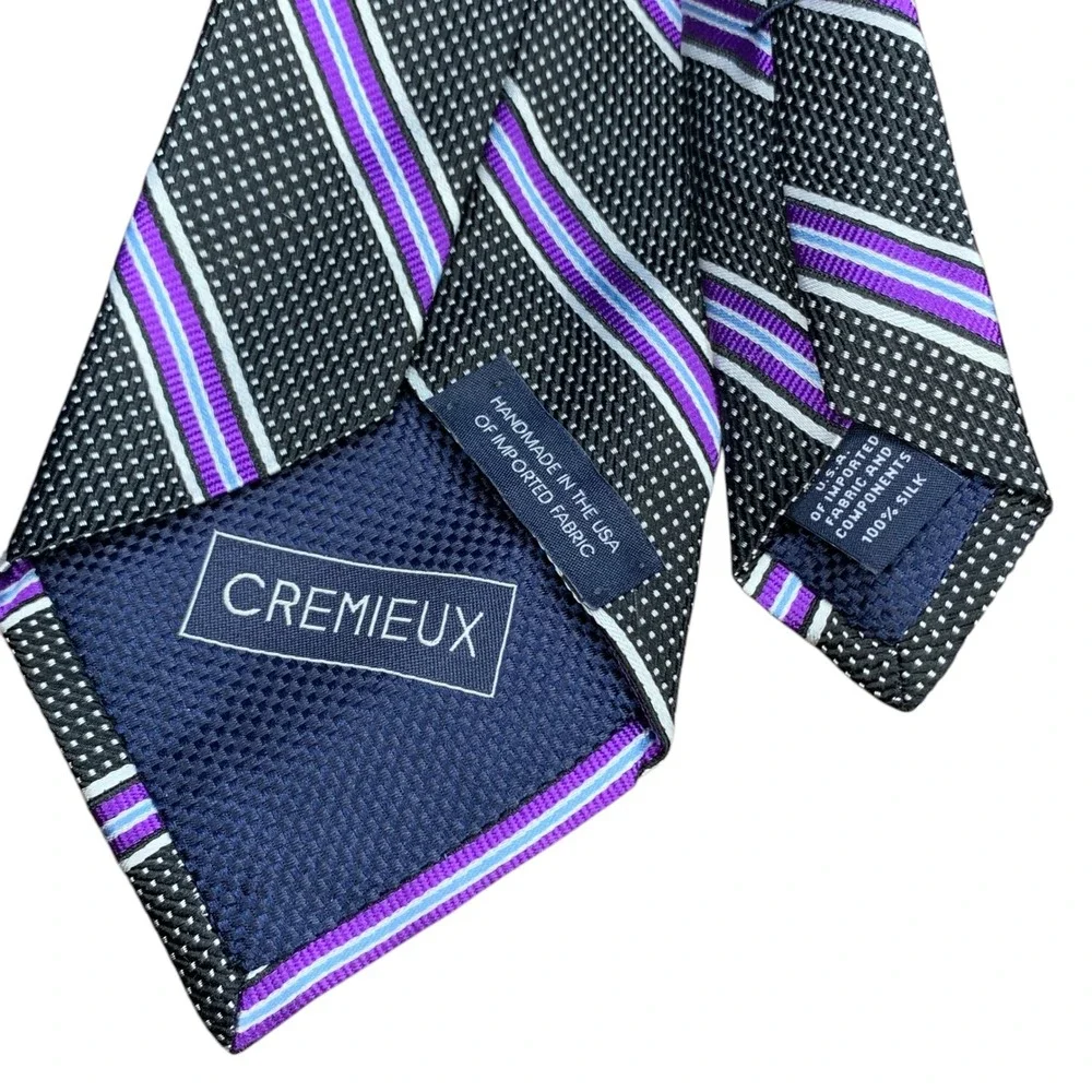Cremieux 100% silk‎ black white polka dot tie w stripes of purple white blue